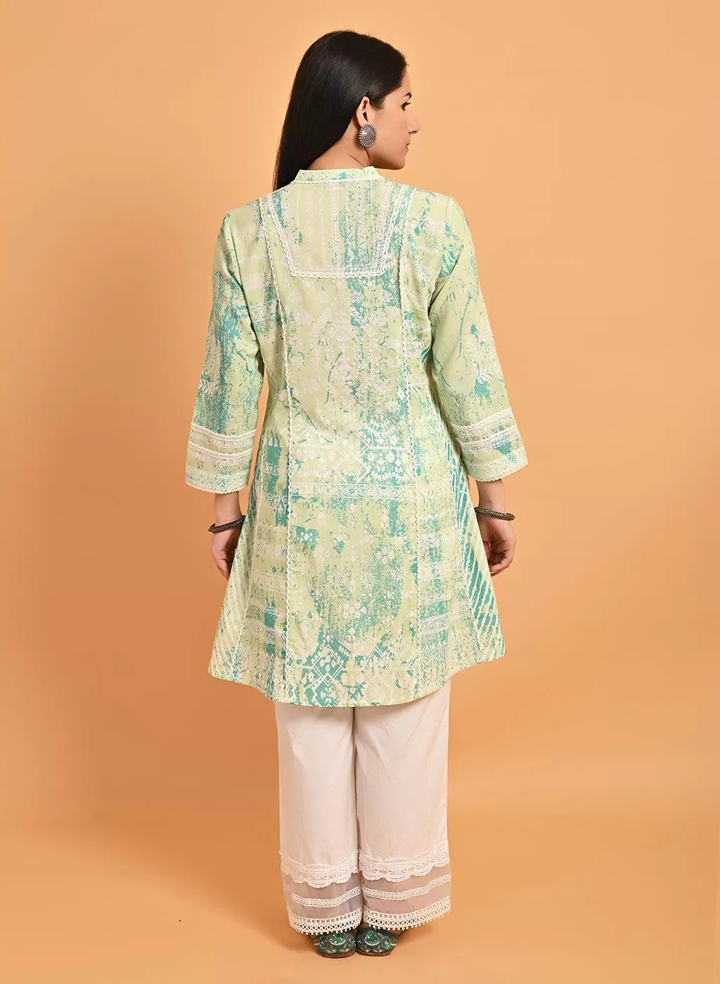 Green Printed Short Kurti for Women with Lace Detailing