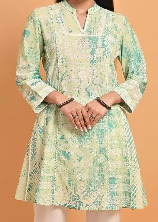 Green Printed Short Kurti for Women with Lace Detailing