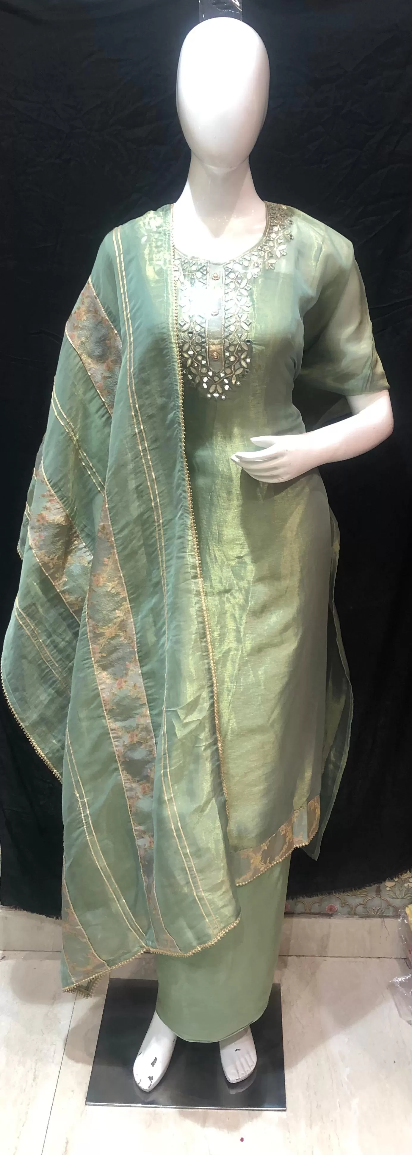 Green Tissue Semi-Stitch Suit With Mirror Work