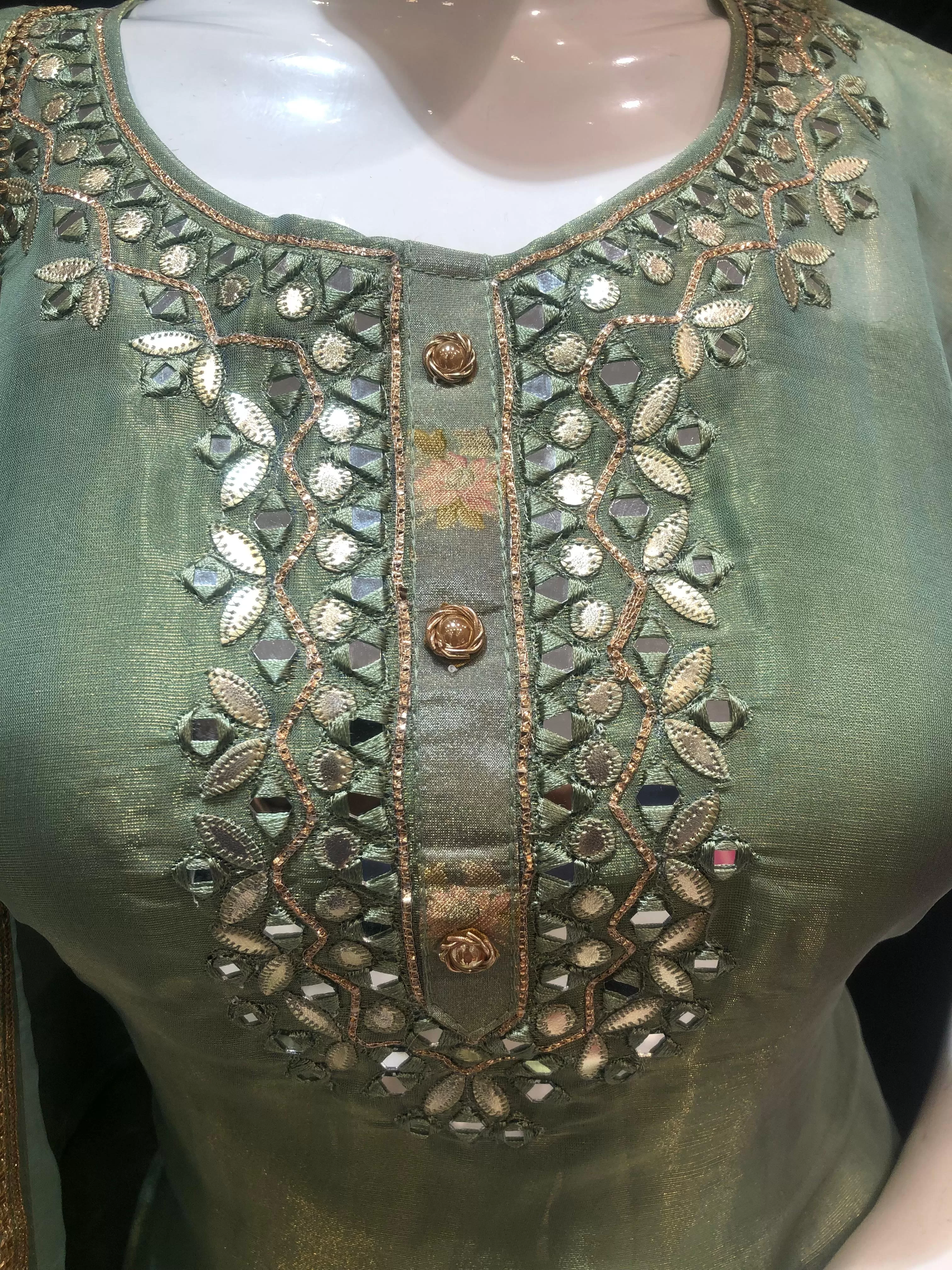 Green Tissue Semi-Stitch Suit With Mirror Work