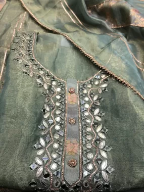 Green Tissue Semi-Stitch Suit With Mirror Work