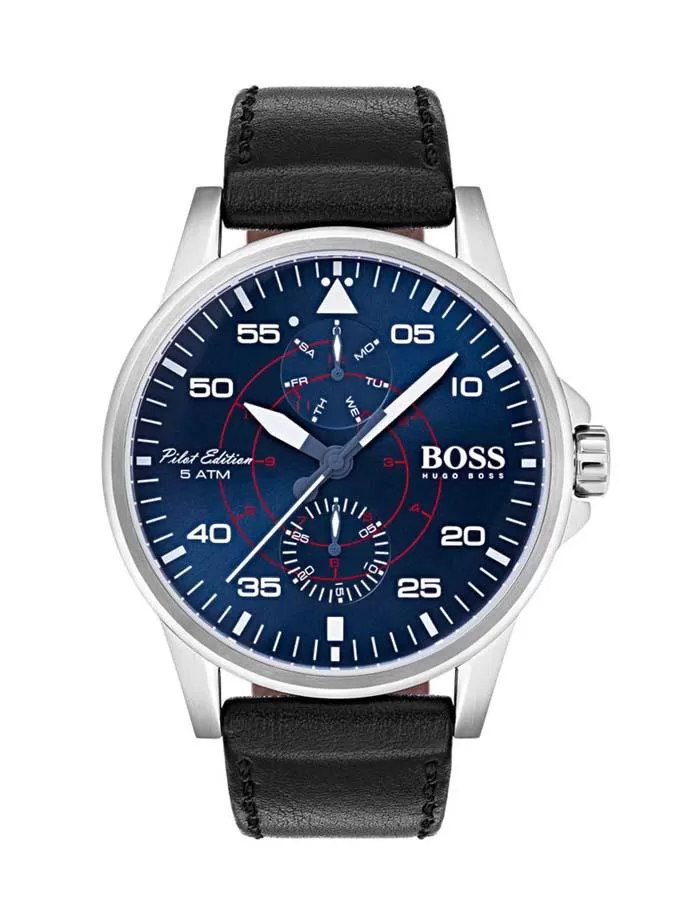 Hugo Boss Mens Aviator Watch - Stainless Steel -Black Leather Strap -Day/Seconds