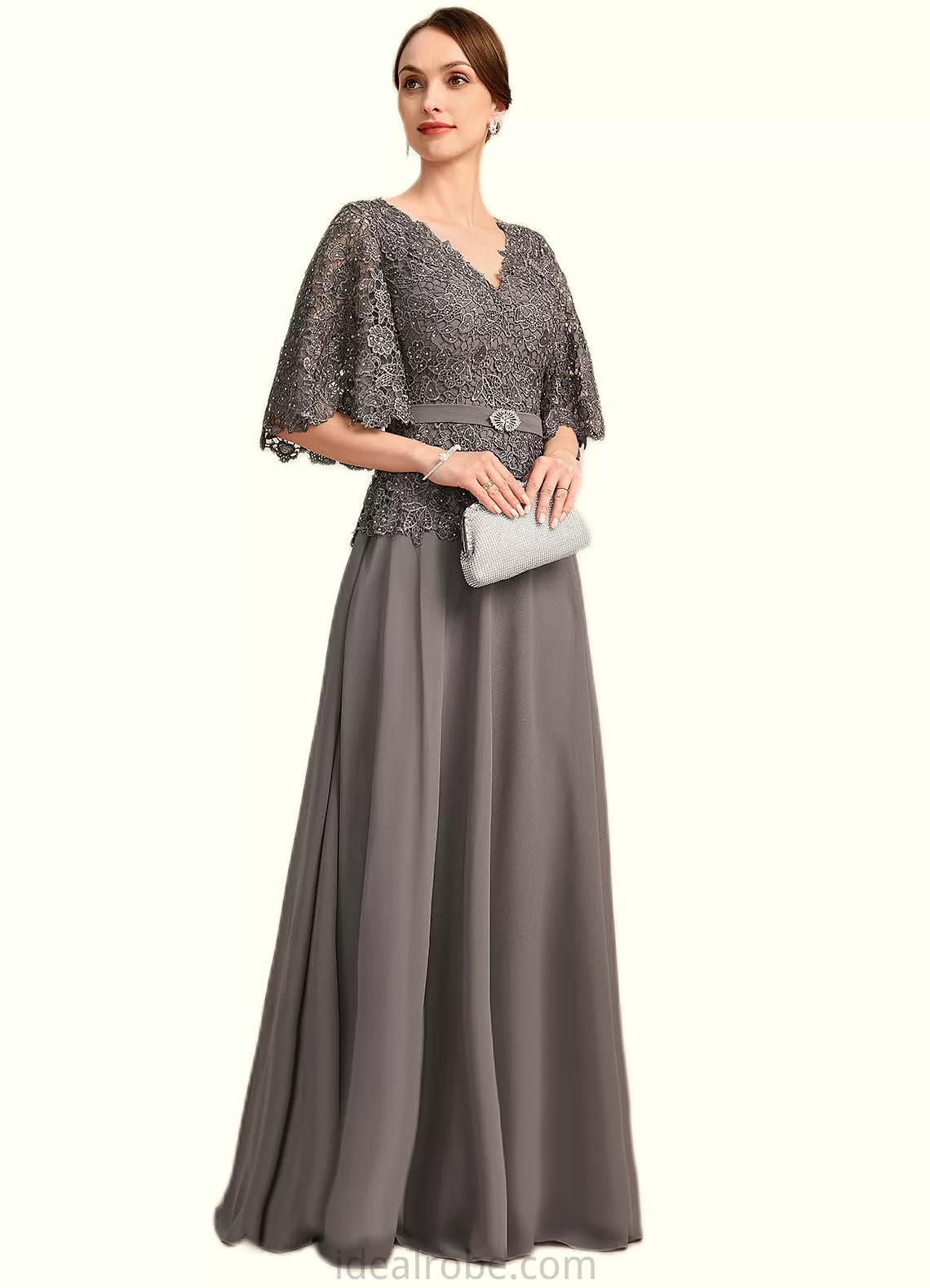 Kaitlyn A-line V-Neck Floor-Length Chiffon Lace Mother of the Bride Dress With Rhinestone Crystal Brooch STKP0021782