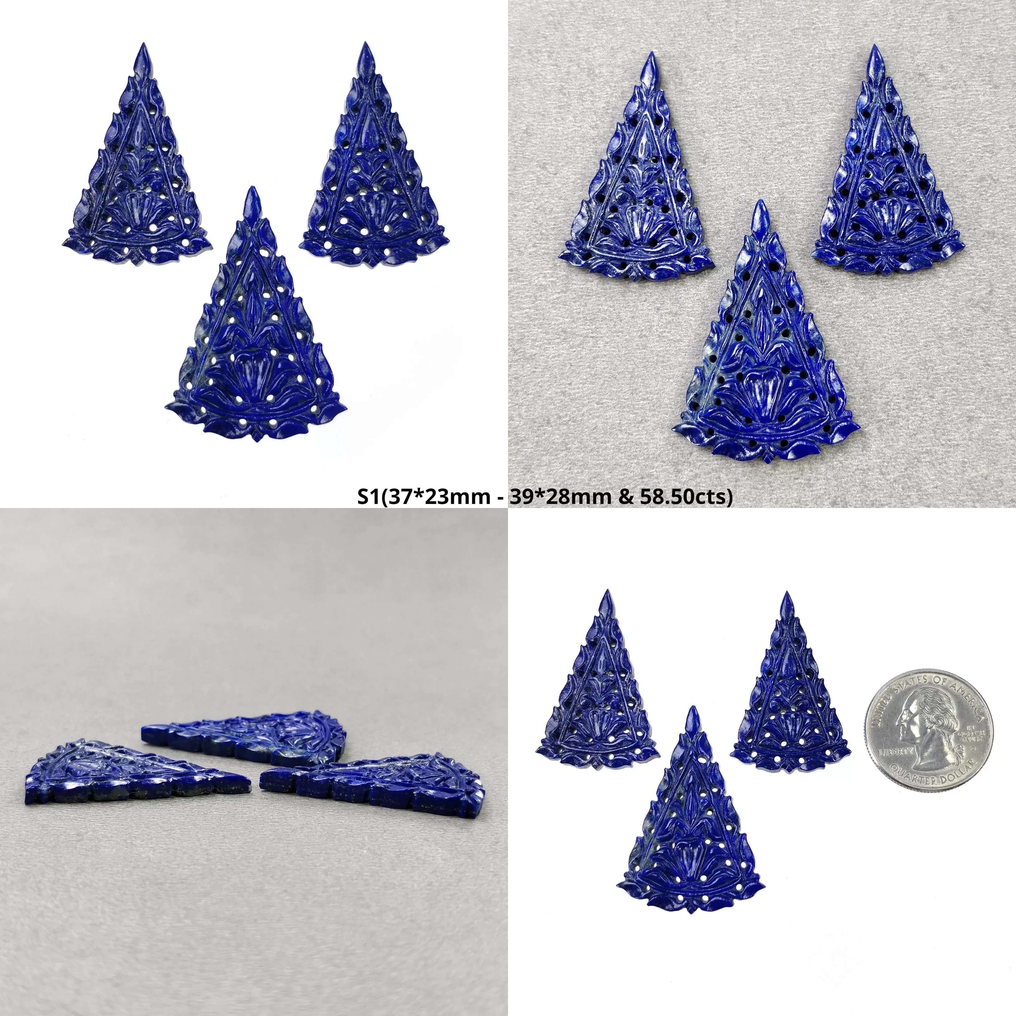 LAPIS LAZULI Gemstone Carving : Natural Untreated Blue Lapis Hand Carved Triangle Shape 37*23mm - 41*27mm 3pcs