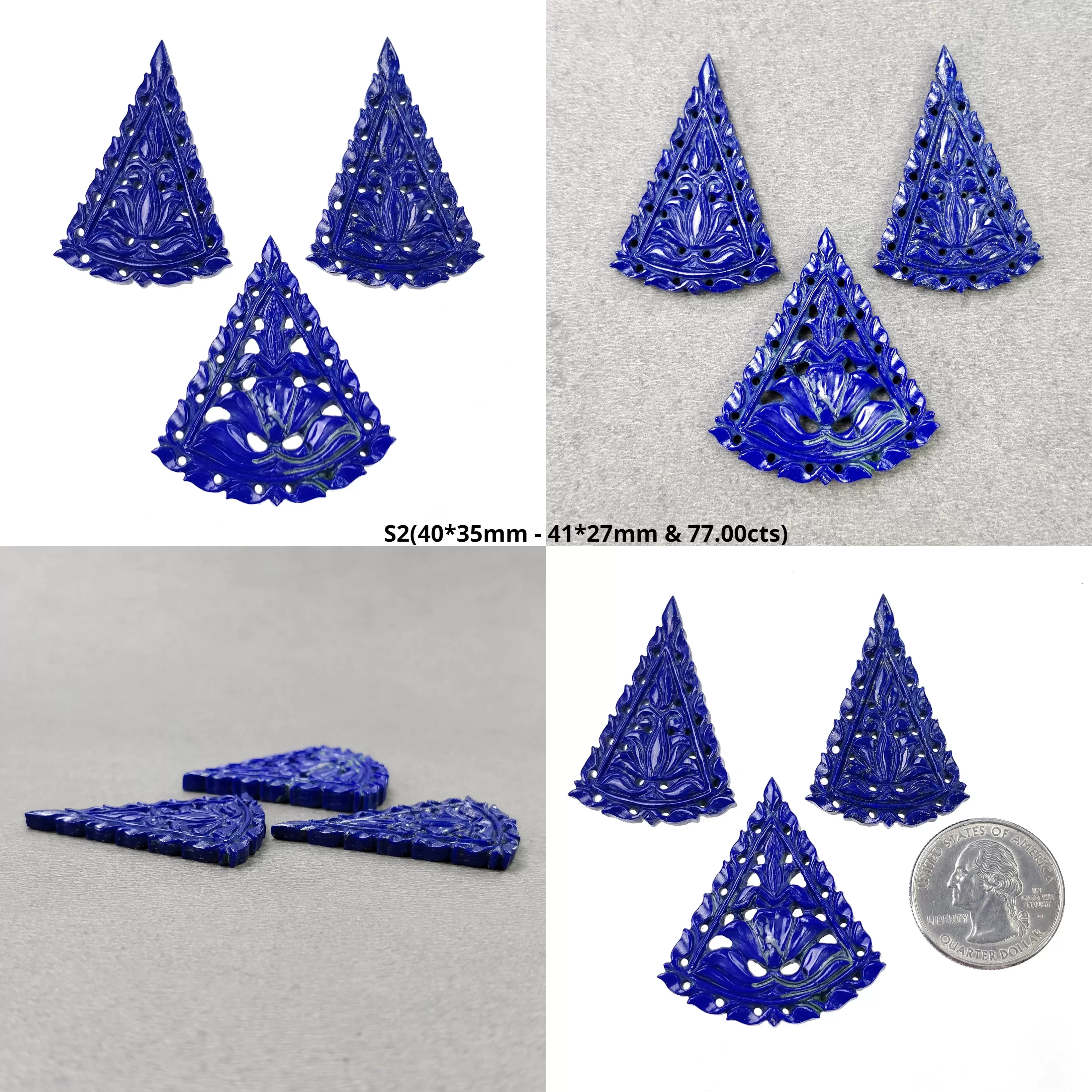 LAPIS LAZULI Gemstone Carving : Natural Untreated Blue Lapis Hand Carved Triangle Shape 37*23mm - 41*27mm 3pcs