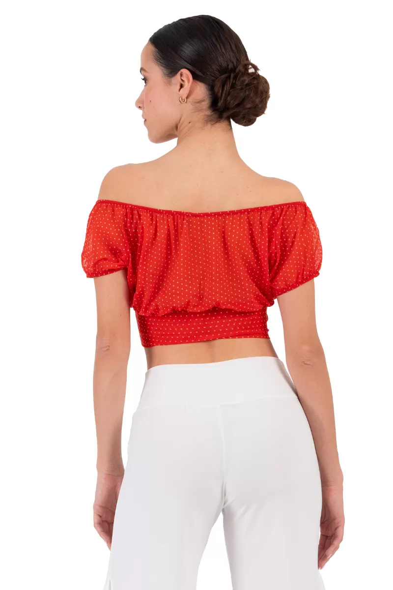 Orange Polka Dot Ruffled Off-The-Shoulder Crop Top