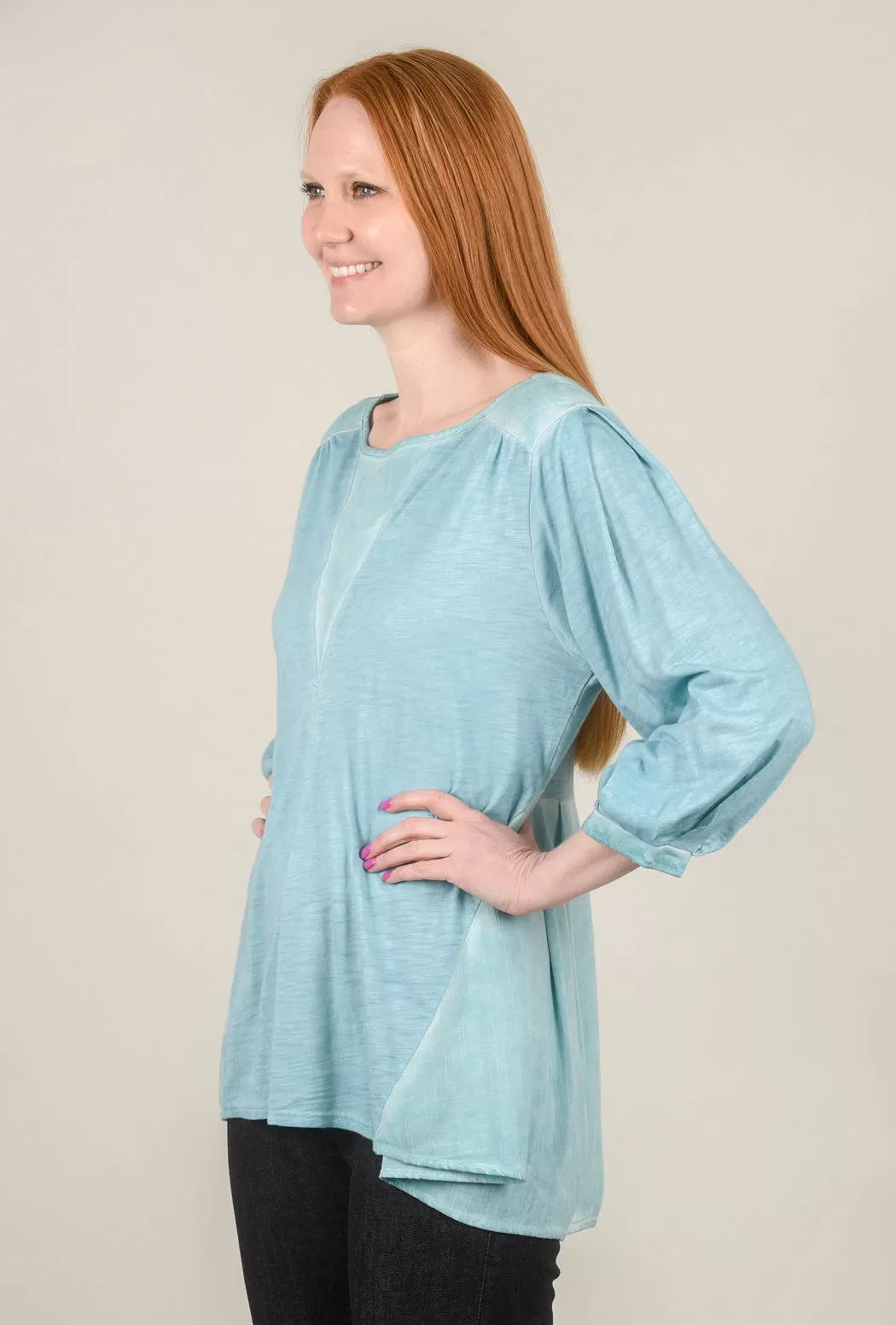 Puff-Sleeve Crosshatch Blouse, Marine Blue