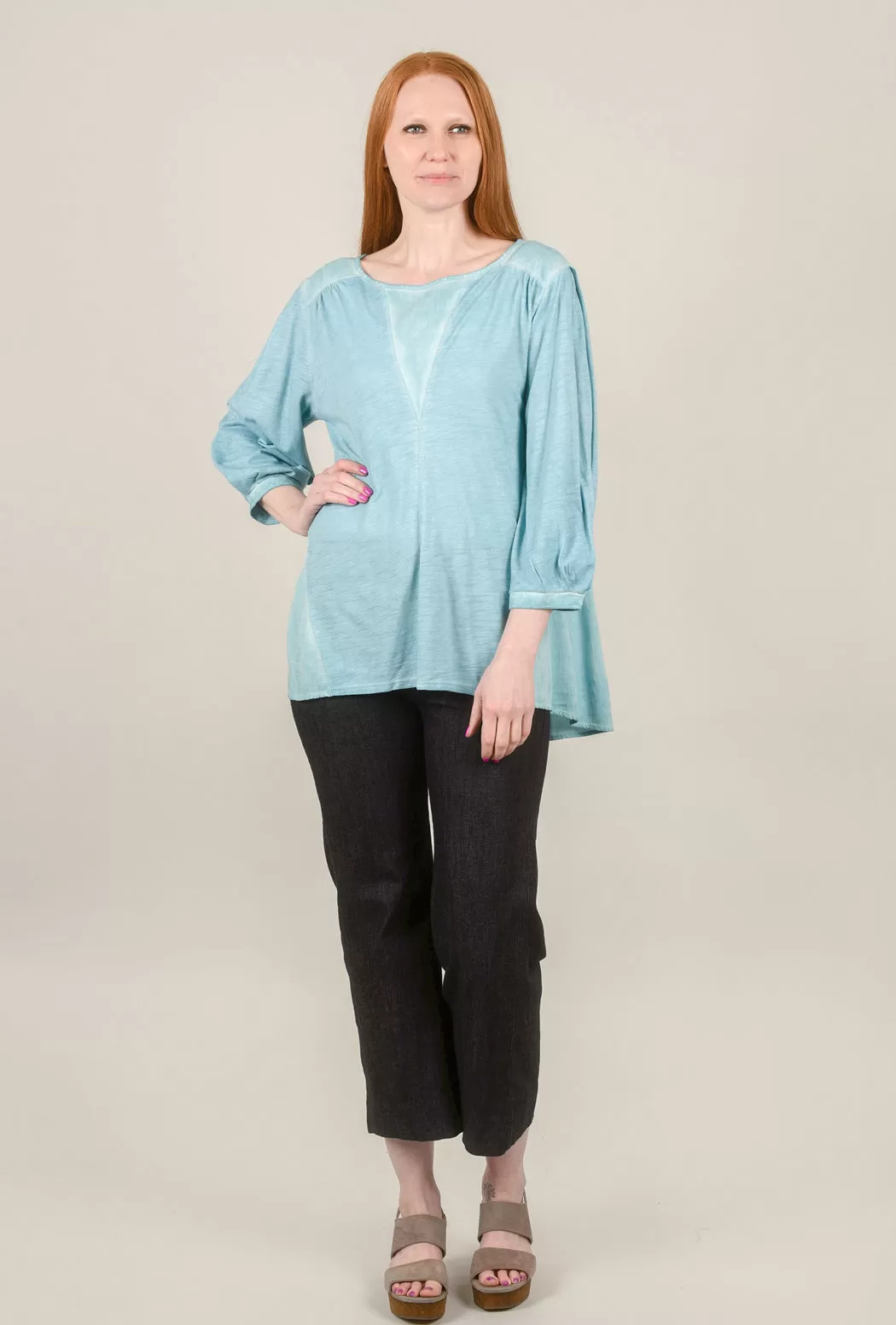 Puff-Sleeve Crosshatch Blouse, Marine Blue