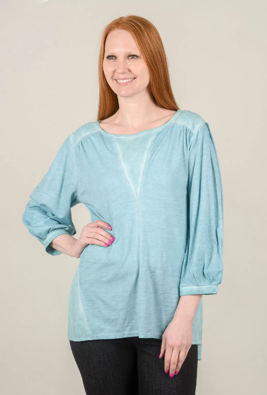 Puff-Sleeve Crosshatch Blouse, Marine Blue