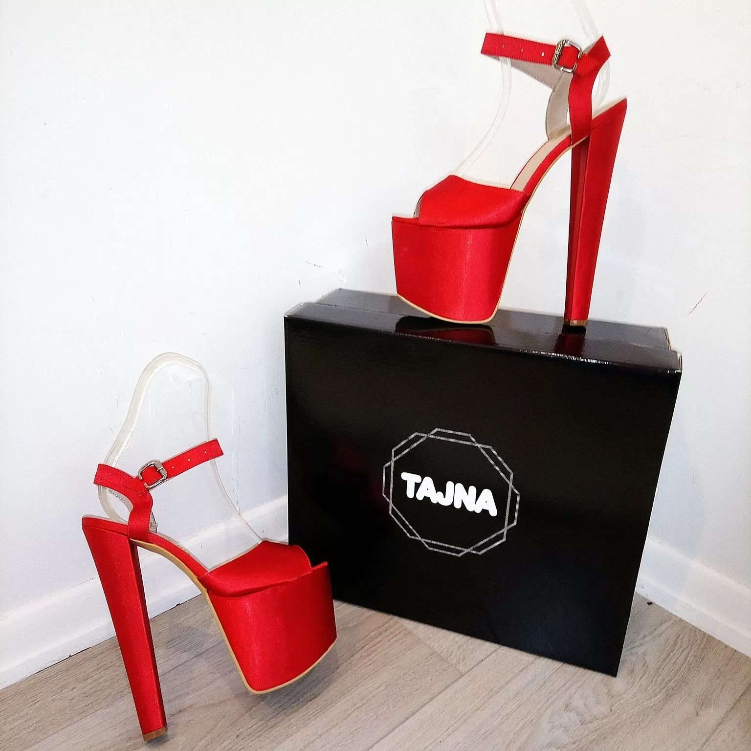 Red Satin Ankle Strap 19 cm High Heel Platforms