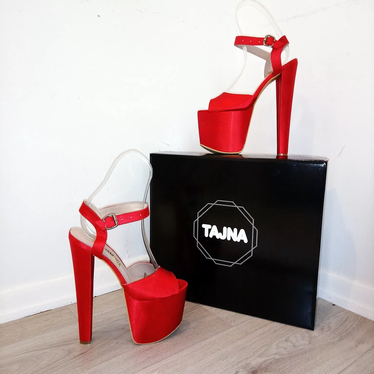 Red Satin Ankle Strap 19 cm High Heel Platforms