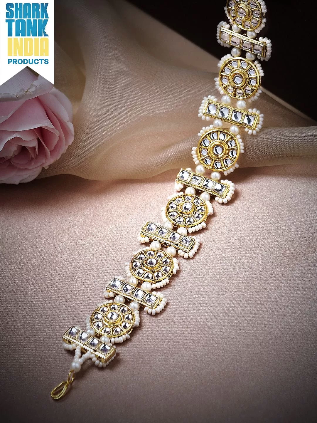 Rubans Women Gold-Plated White Stone Studded  Beaded Matha Patti