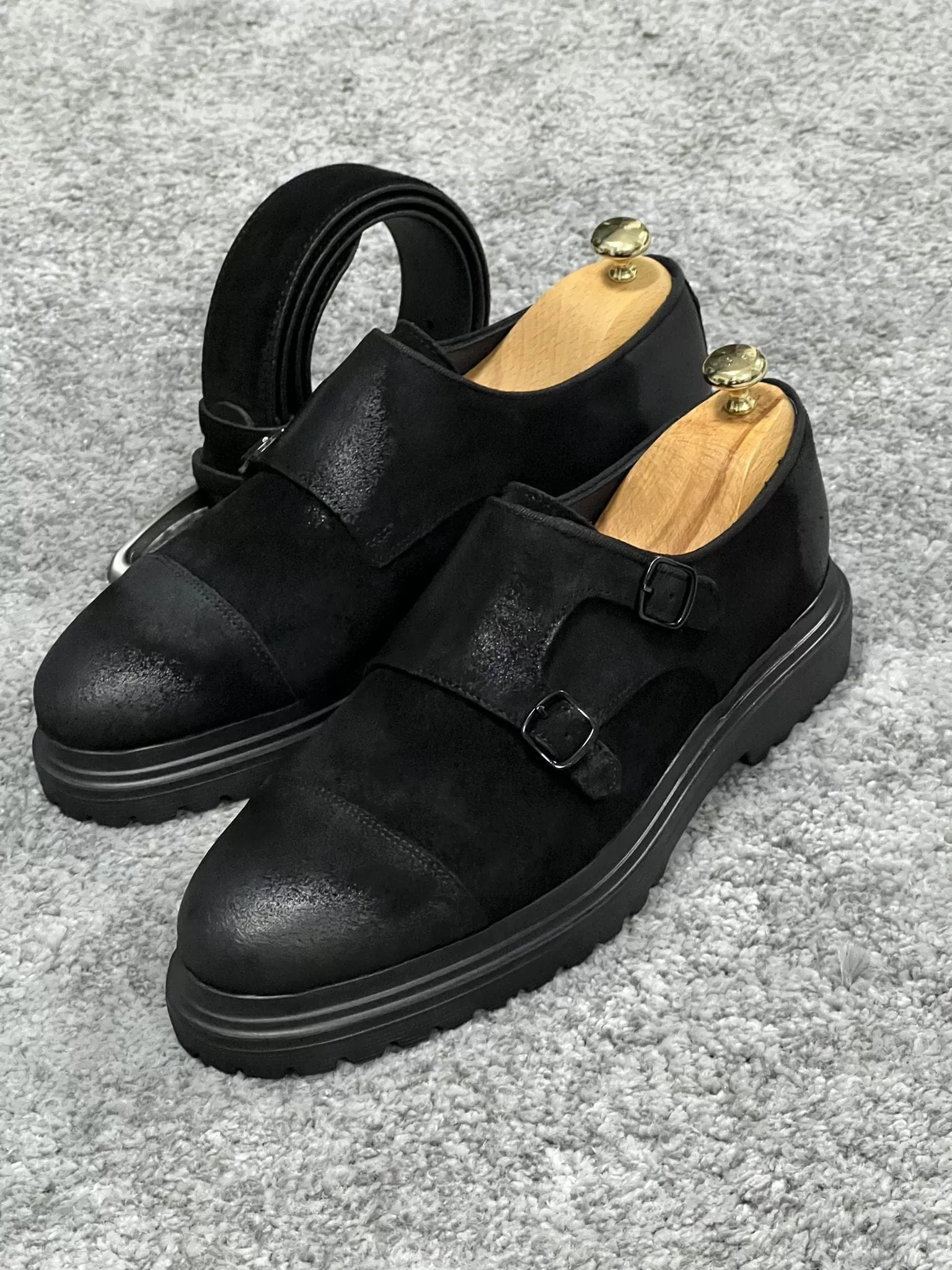 Rubber Sole Double Monk Strap Suede Leather Black Shoes