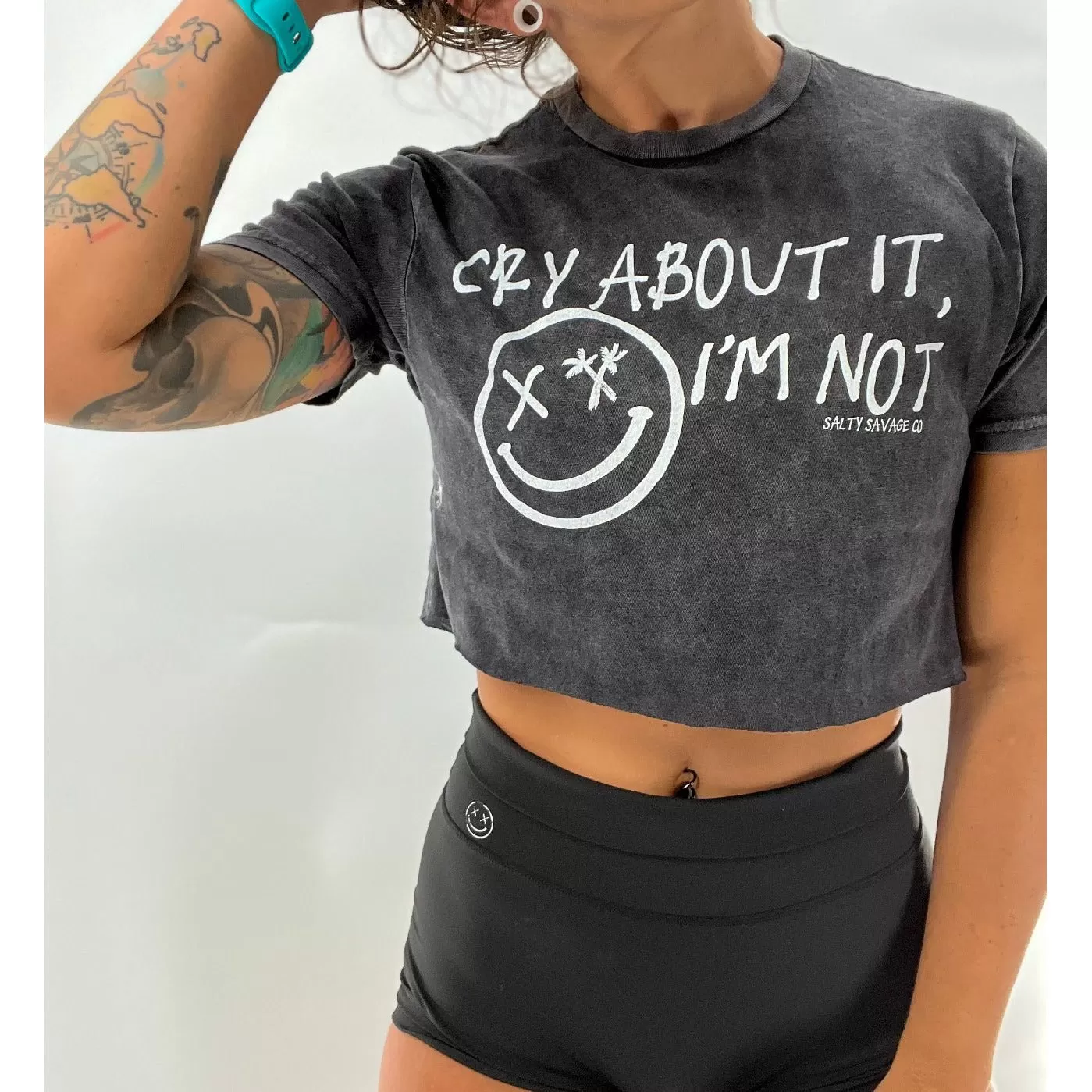 Salty Savage Ladies "CrY AboUt It, i'M NoT" Raw Cut Cropped Tee | The "iammelefate" Cry Special Edition | Vintage Black/White