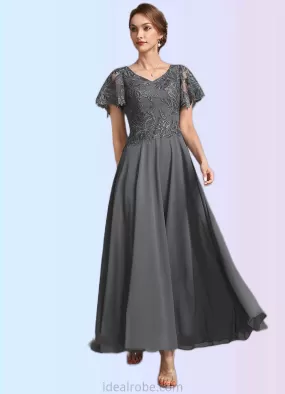 Savannah A-Line V-neck Ankle-Length Chiffon Lace Mother of the Bride Dress With Sequins STK126P0014838