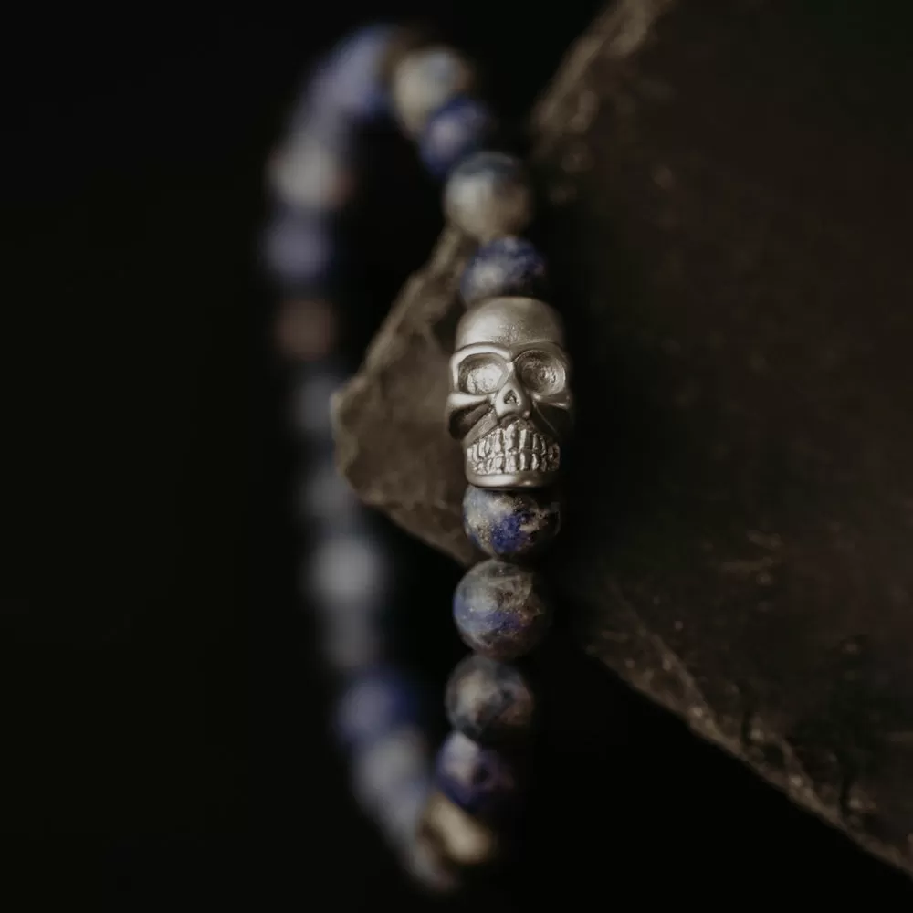 Skull 8mm Round Gemstone Bracelet Matt Blue