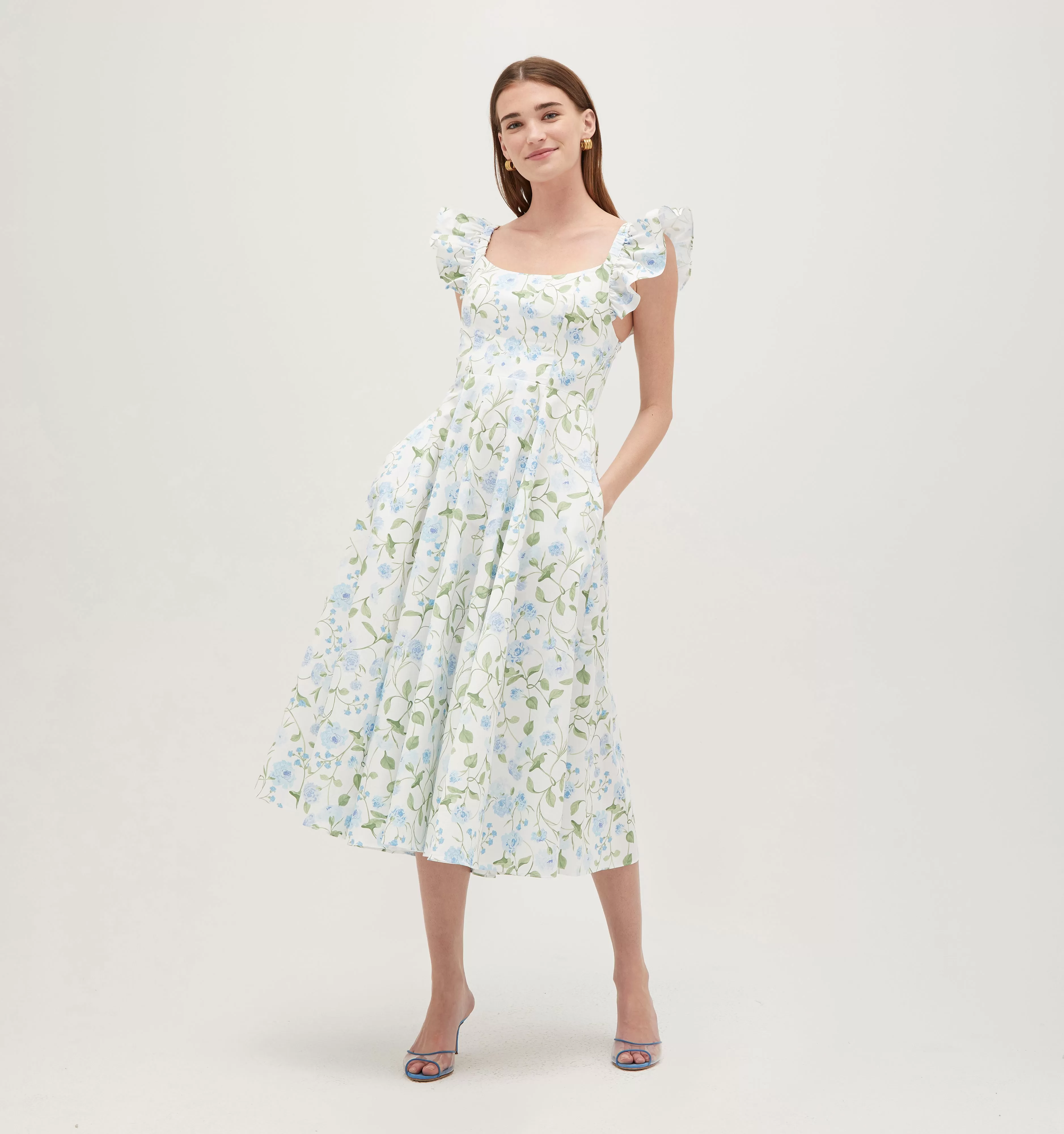 The Daphne Dress - Blue Peony Bouquet Cotton Sateen