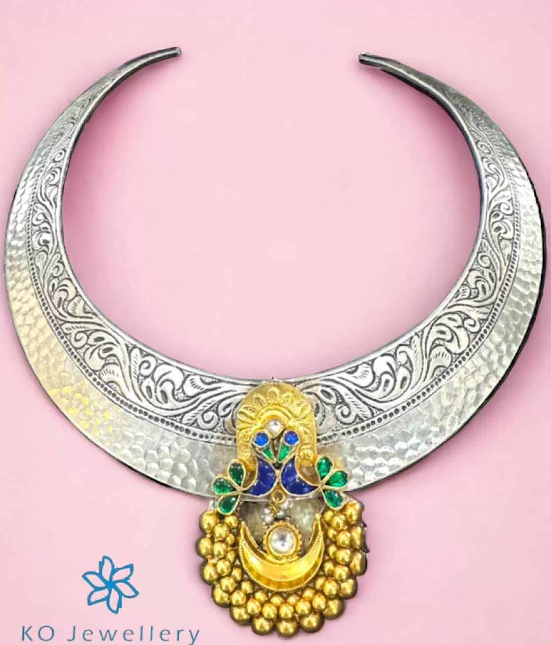 The Saras Silver Peacock Hasli Necklace (2 tone)