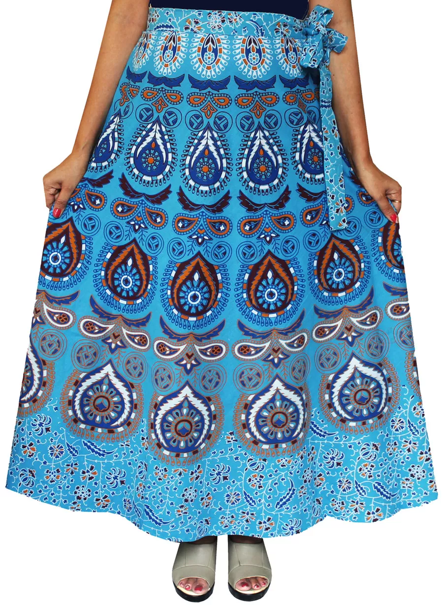 Women's Printed Long Cotton Wrap Around India Skirt (Blue, One Size)