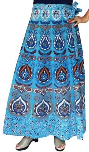 Women's Printed Long Cotton Wrap Around India Skirt (Blue, One Size)