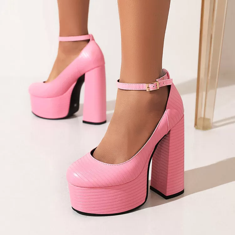 Women's Pu Leather Round Toe Block Heel Platform Pumps High Heels Shoes